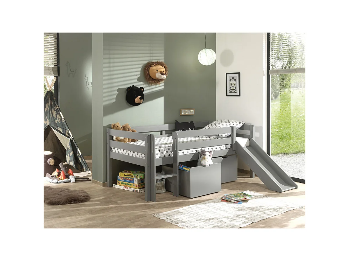 Cama de media altura 90x200 con tobogán, somier y cajones Vipack Pino Gris