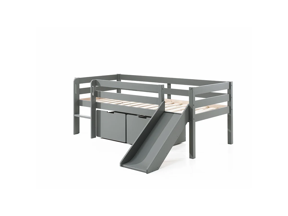 Cama de media altura 90x200 con tobogán, somier y cajones Vipack Pino Gris