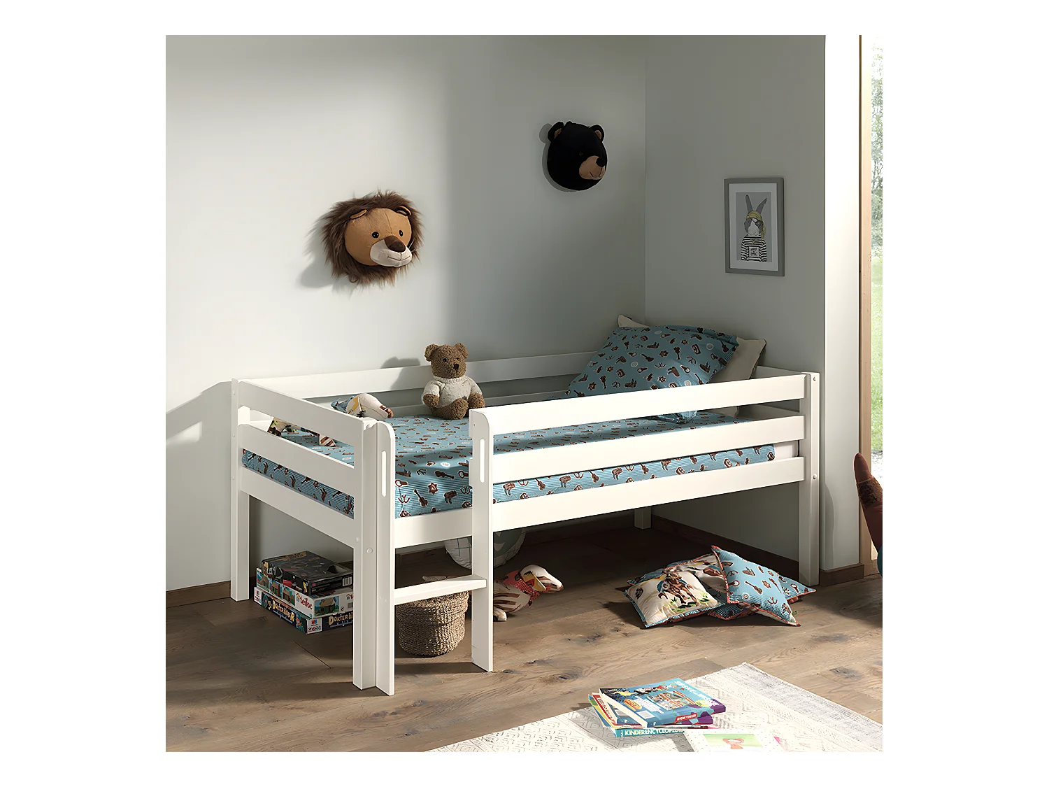 Lit Enfant Surélevé & Échelle "Pino" 90x200cm Blanc