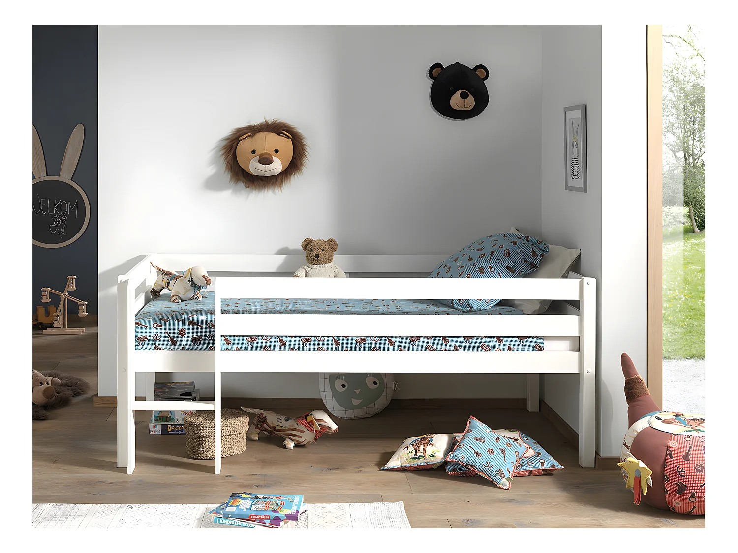 Lit Enfant Surélevé & Échelle "Pino" 90x200cm Blanc