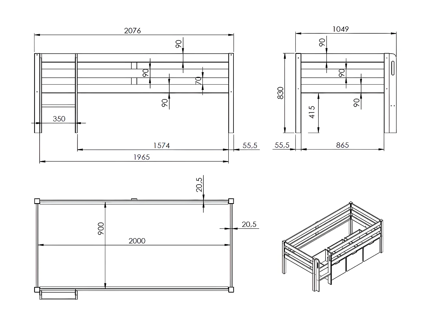 Lit Enfant Surélevé & Échelle "Pino" 90x200cm Blanc