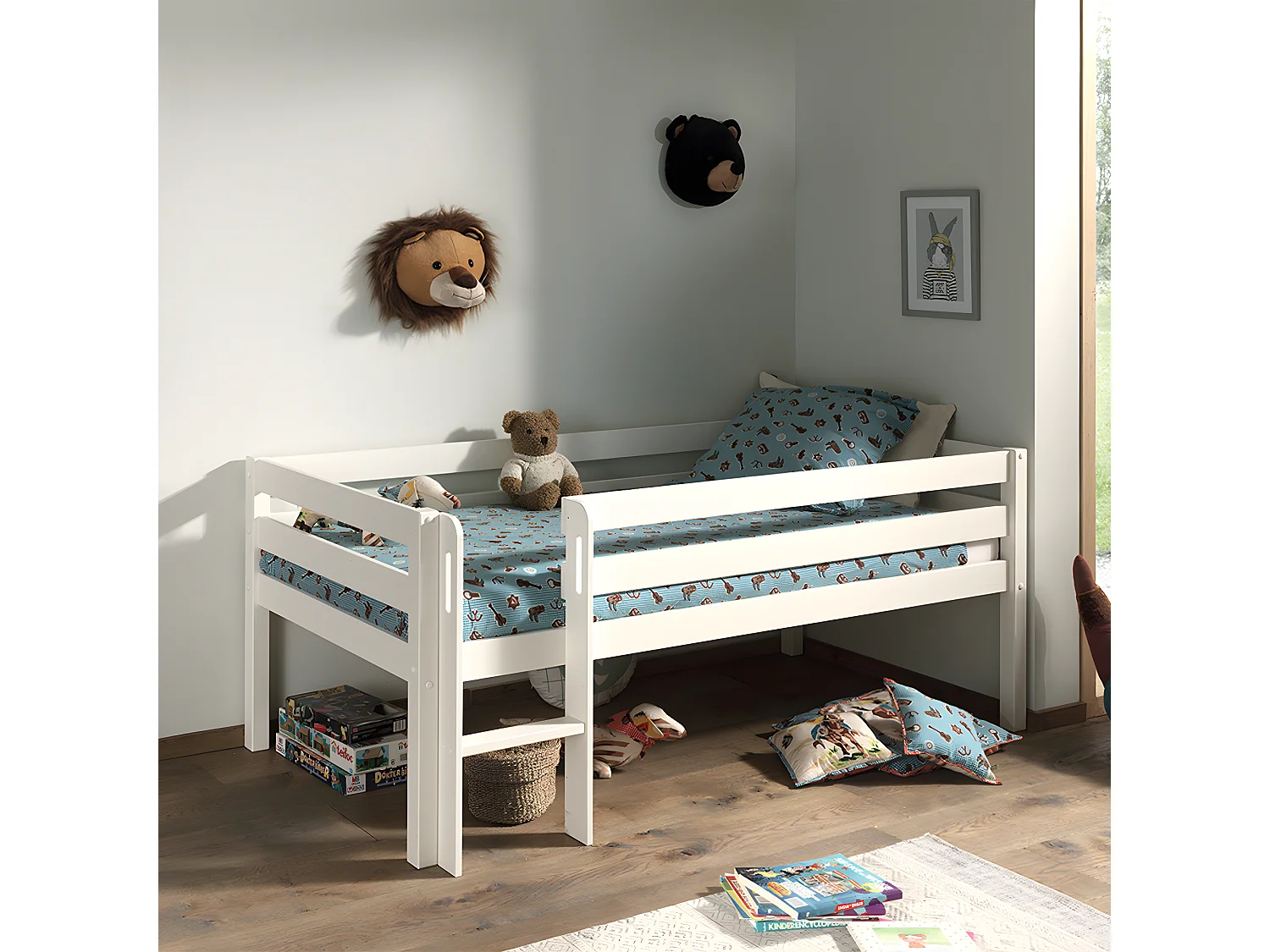 Lit Enfant Surélevé & Échelle "Pino" 90x200cm Blanc