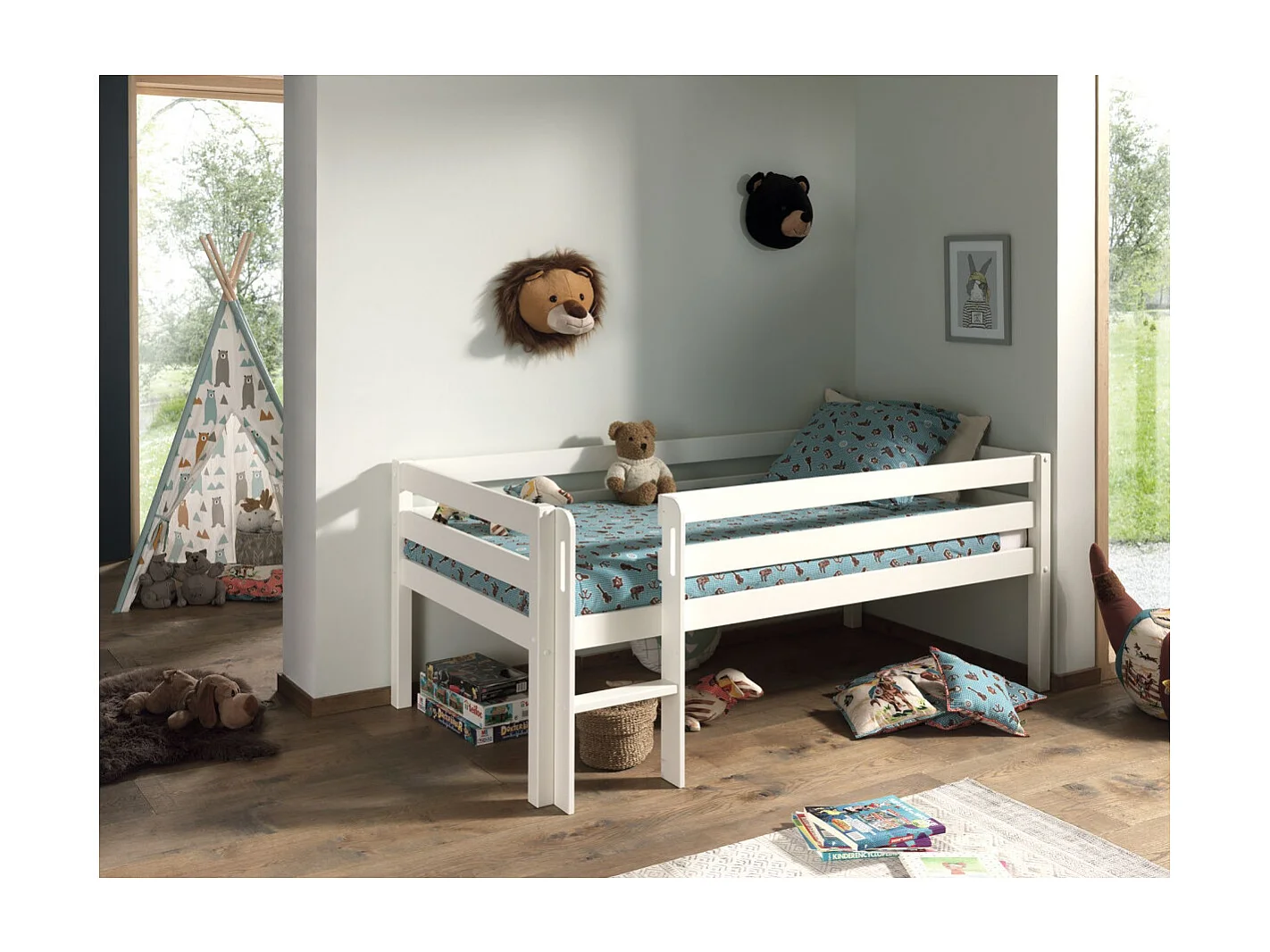 Lit Enfant Surélevé & Échelle "Pino" 90x200cm Blanc