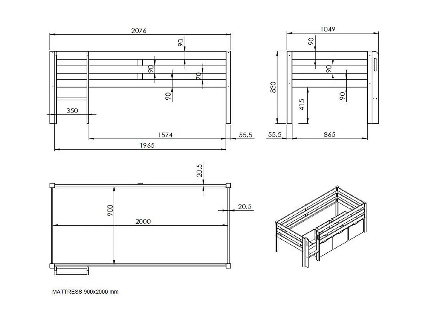 Lit Enfant Surélevé & Échelle "Pino" 90x200cm Blanc