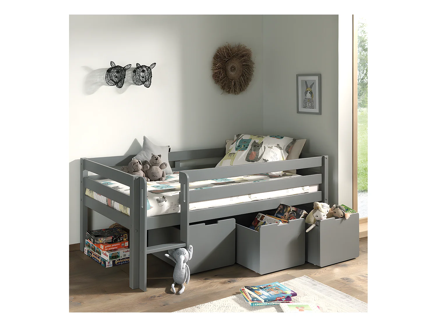 Pack - Lit Enfant Surélevé & 3 Tiroirs "Pino" Gris