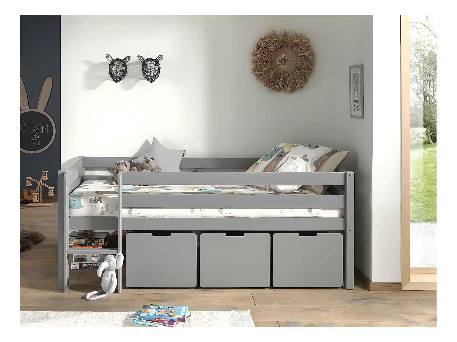 Pack - Lit Enfant Surélevé & 3 Tiroirs "Pino" Gris