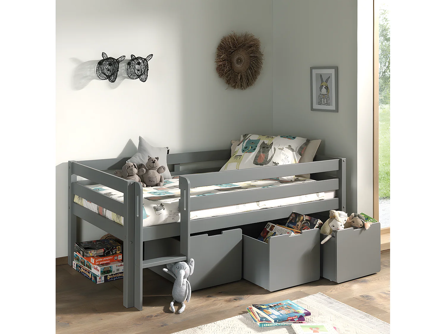 Pack - Lit Enfant Surélevé & 3 Tiroirs "Pino" Gris