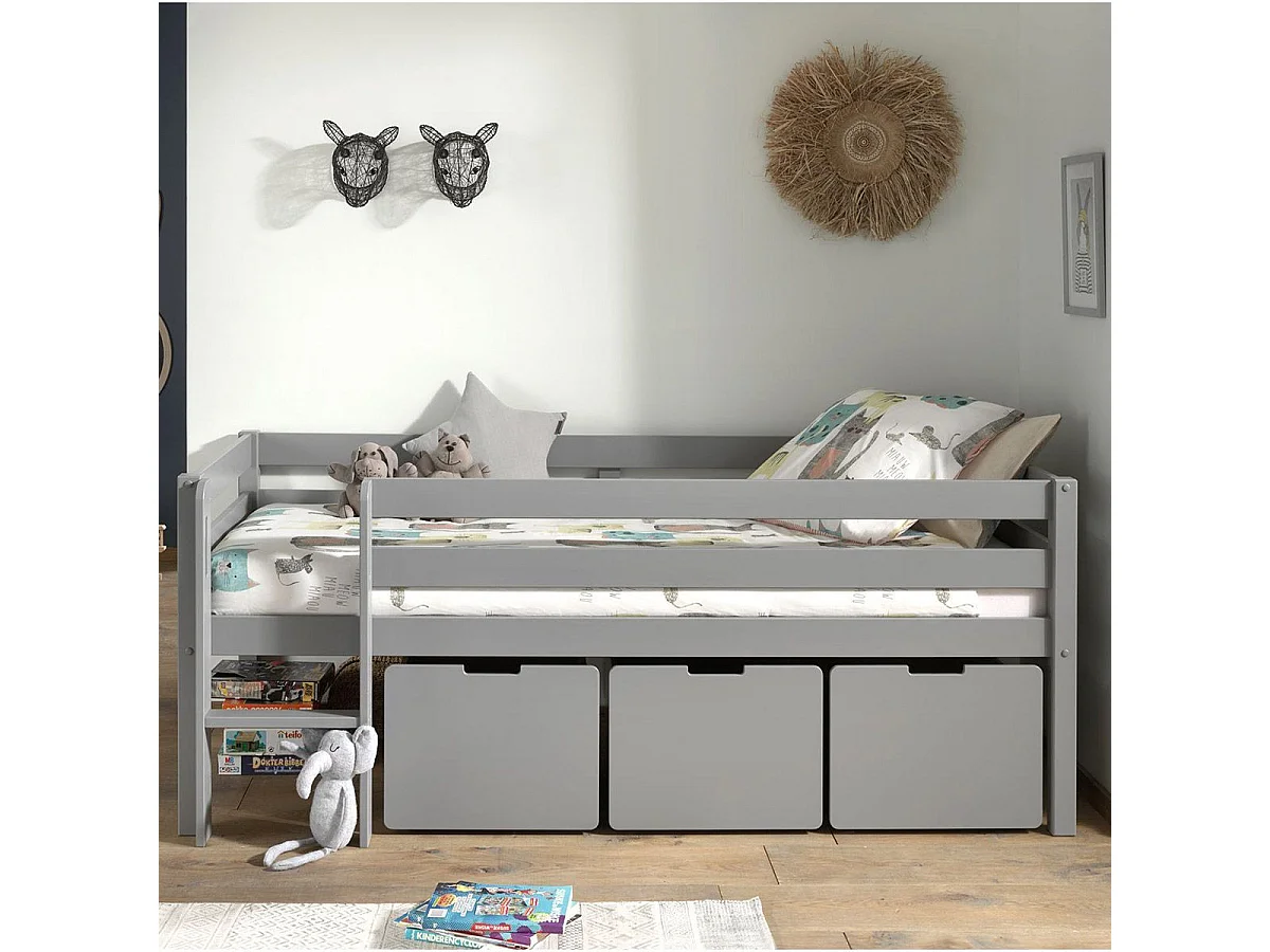 Letto a soppalco 90x200 con rete a doghe e cassetti inclusi Vipack Pino Grigio