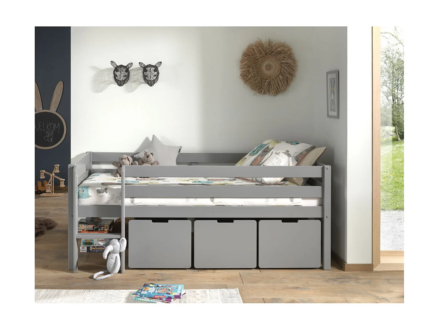 Letto a soppalco 90x200 con rete a doghe e cassetti inclusi Vipack Pino Grigio