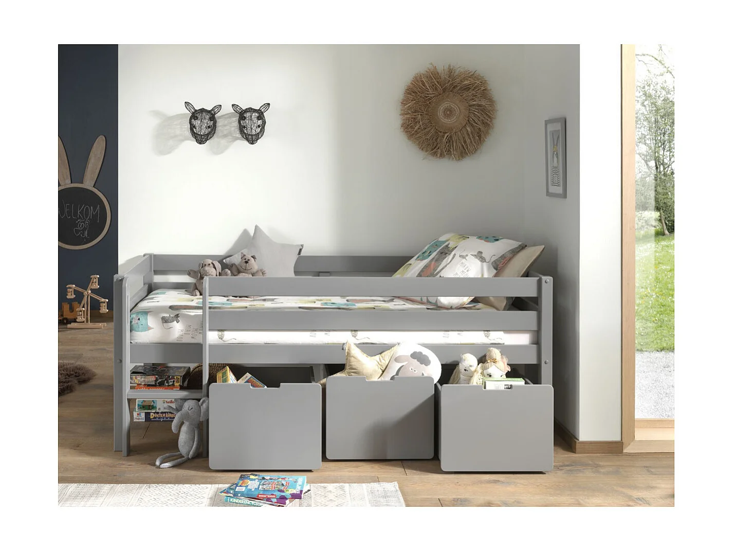 Letto a soppalco 90x200 con rete a doghe e cassetti inclusi Vipack Pino Grigio