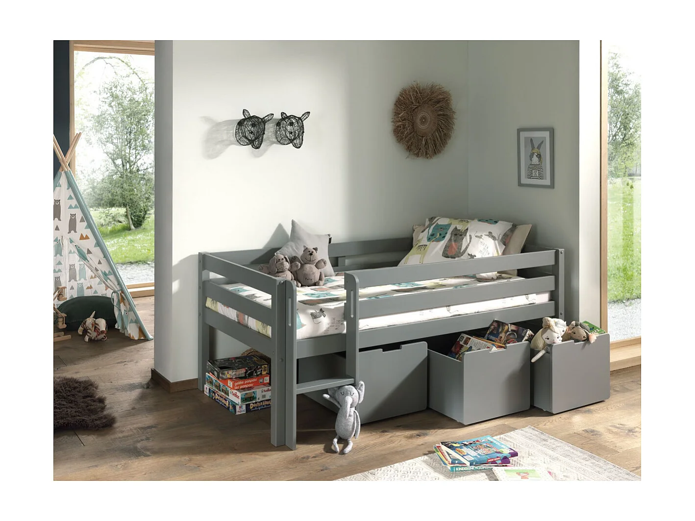Letto a soppalco 90x200 con rete a doghe e cassetti inclusi Vipack Pino Grigio