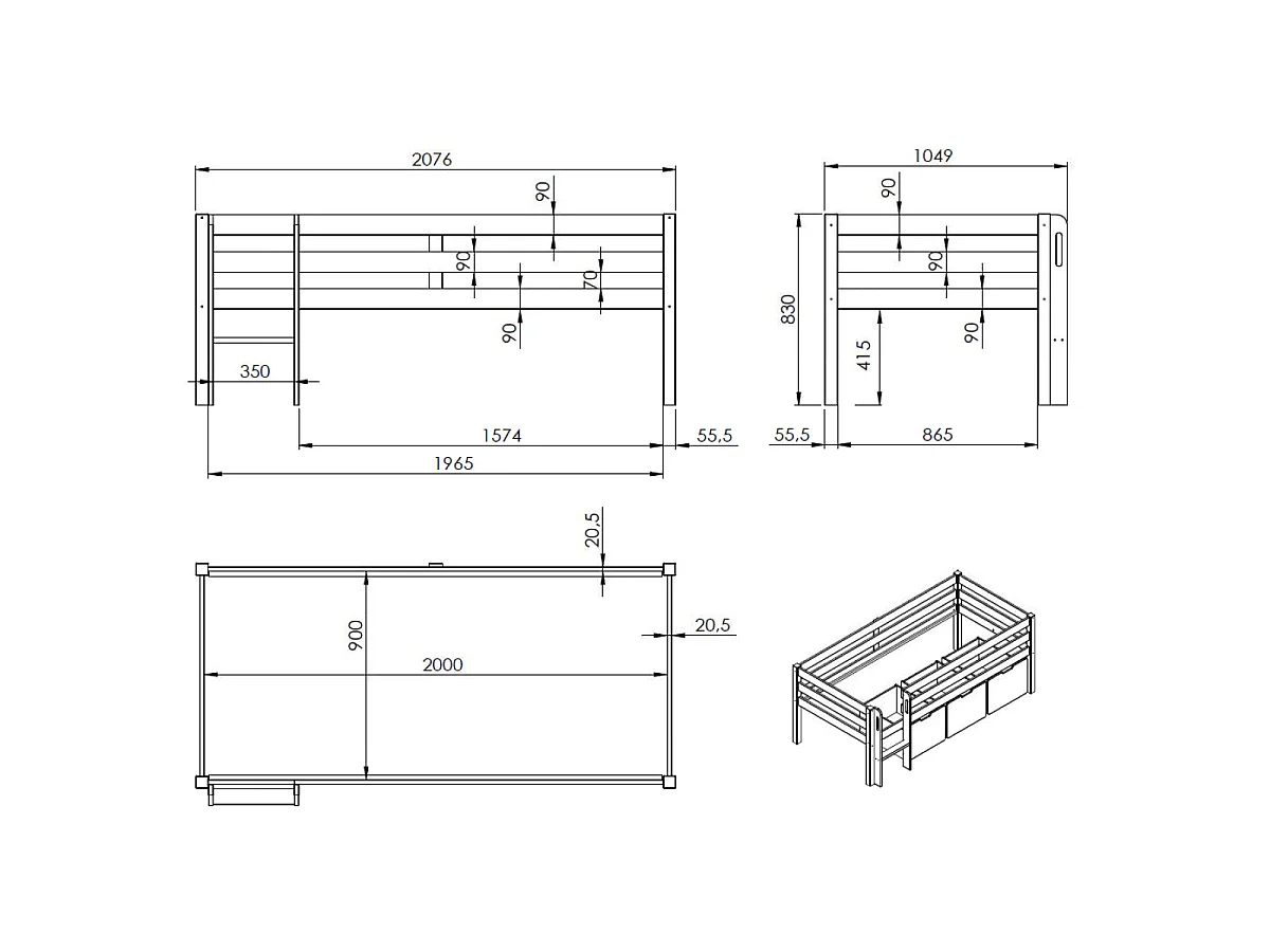 Cama de media altura 90x200 con somier y cajones Vipack Pino Gris