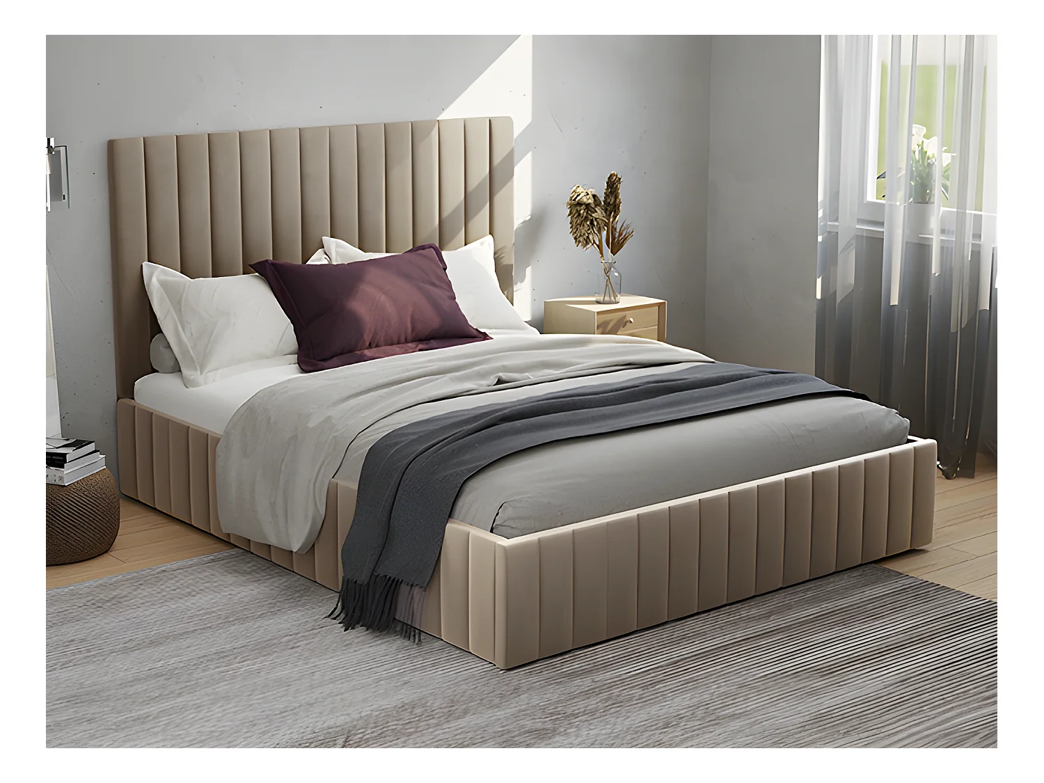 Bett mit Bettkasten + Matratze - 160 x 200 cm - Bett-Kopfteil mit vertikalen Ziernähten - Samt - Taupe - LARALI von Pascal Morabito