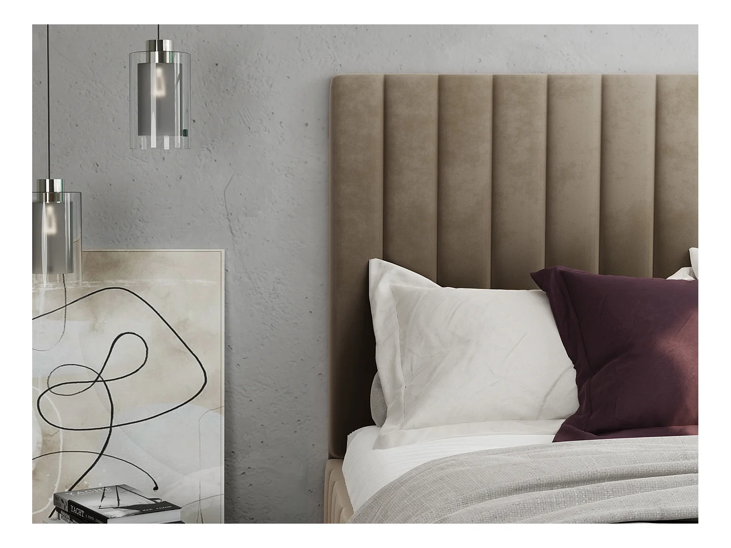 Cama arcón 160 x 200 cm con cabecero con costuras verticales - Terciopelo - Gris topo + colchón - LARALI de Pascal Morabito