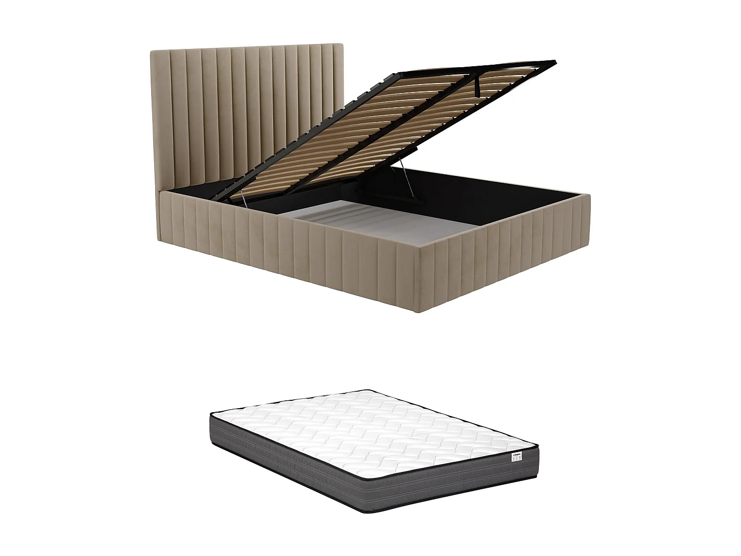 Cama com espaço de arrumação 160 x 200 cm com cabeceira de cama costuras verticais veludo taupe + colchão - LARALI de Pascal Morabito