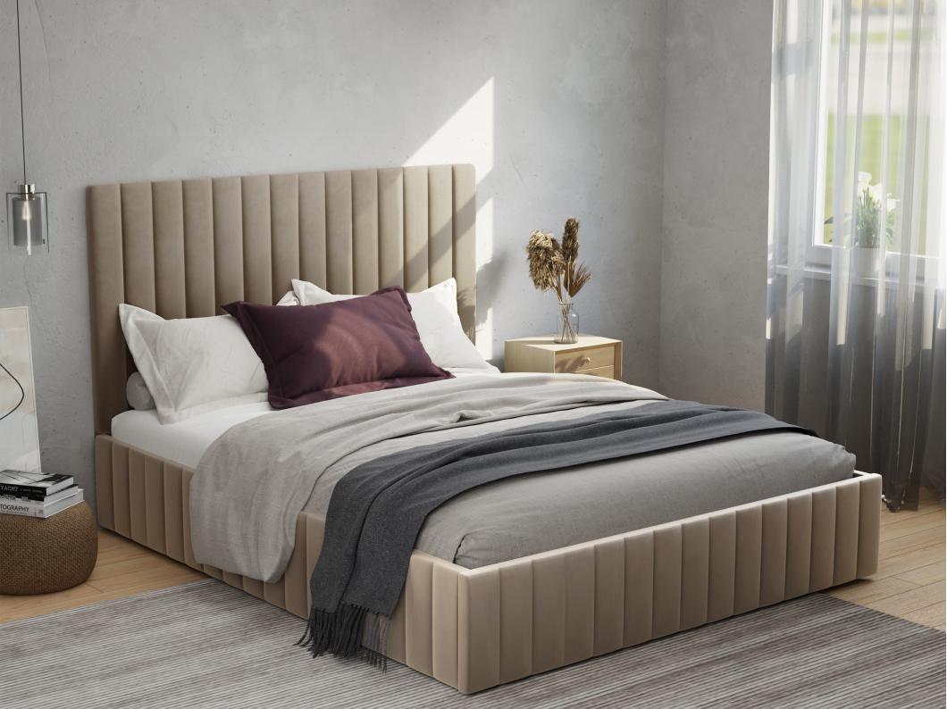 Letto con contenitore 160 x 200 cm con testata letto impunture verticali Velluto Tortora + Materasso - LARALI di Pascal Morabito