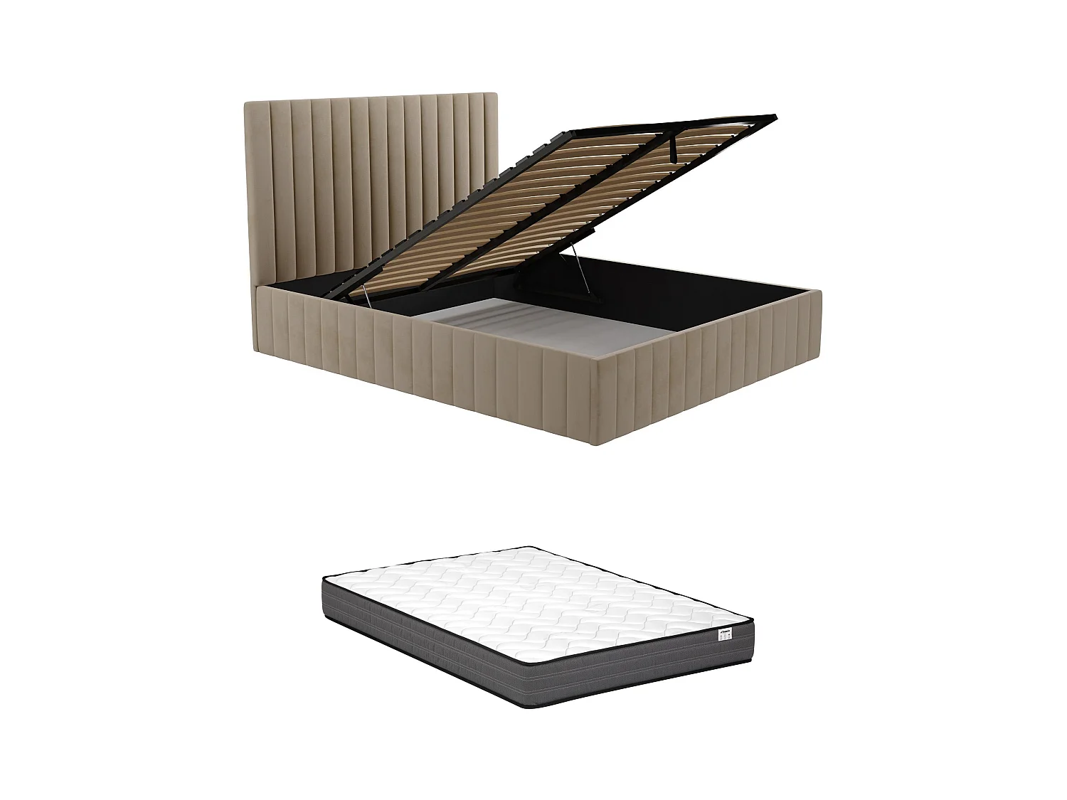 Bett mit Bettkasten + Matratze - 180 x 200 cm - Bett-Kopfteil mit vertikalen Ziernähten - Samt - Taupe - LARALI von Pascal Morabito