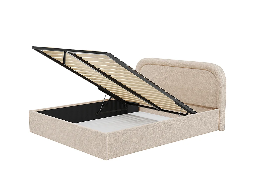Lit coffre 140 x 190 cm - Tissu bouclette - Beige + Matelas - FIREZA