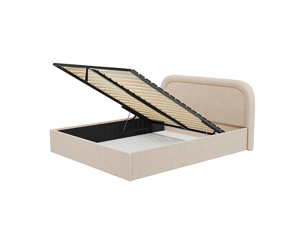 Lit coffre 160 x 200 cm - Tissu bouclette - Beige + Matelas - FIREZA