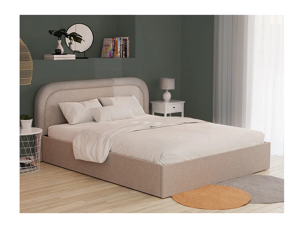 Lit coffre 160 x 200 cm - Tissu bouclette - Beige + Matelas - FIREZA