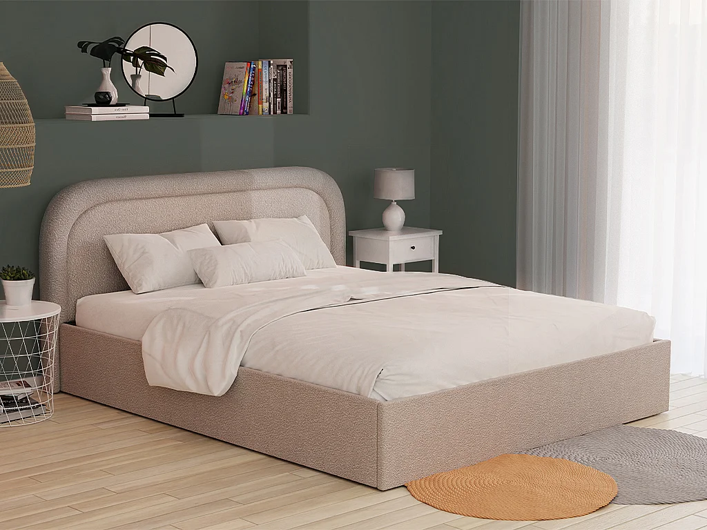 Lit coffre 160 x 200 cm - Tissu bouclette - Beige + Matelas - FIREZA