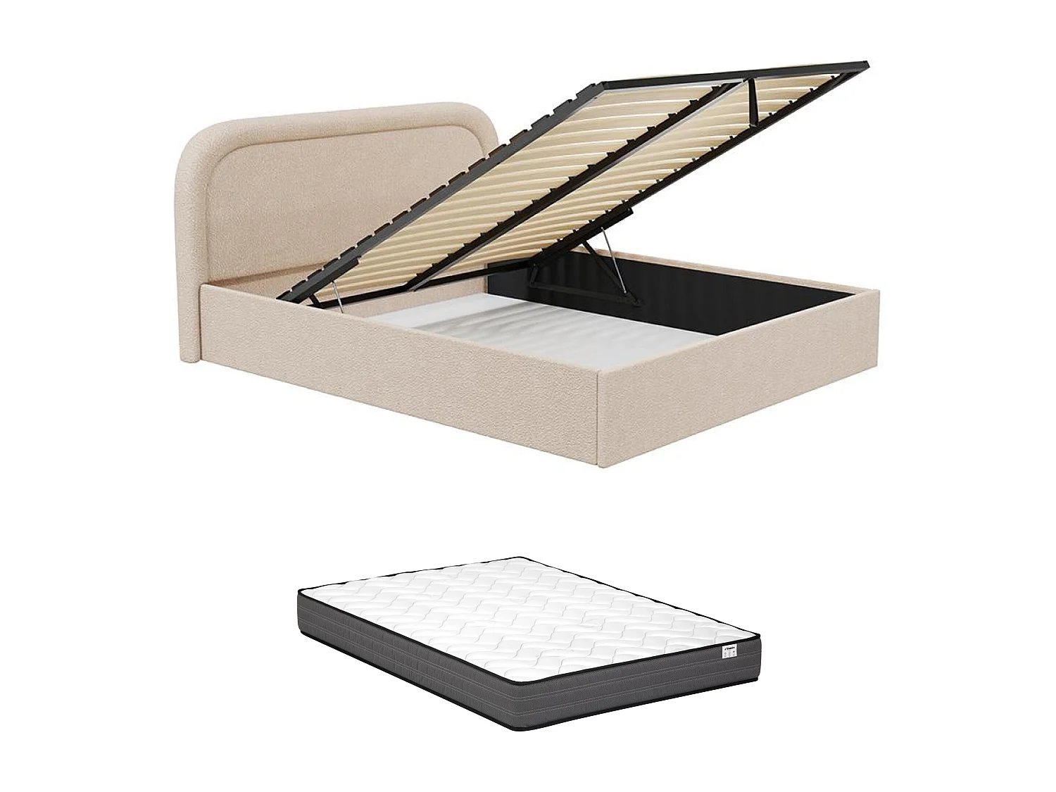 Lit coffre 160 x 200 cm - Tissu bouclette - Beige + Matelas - FIREZA