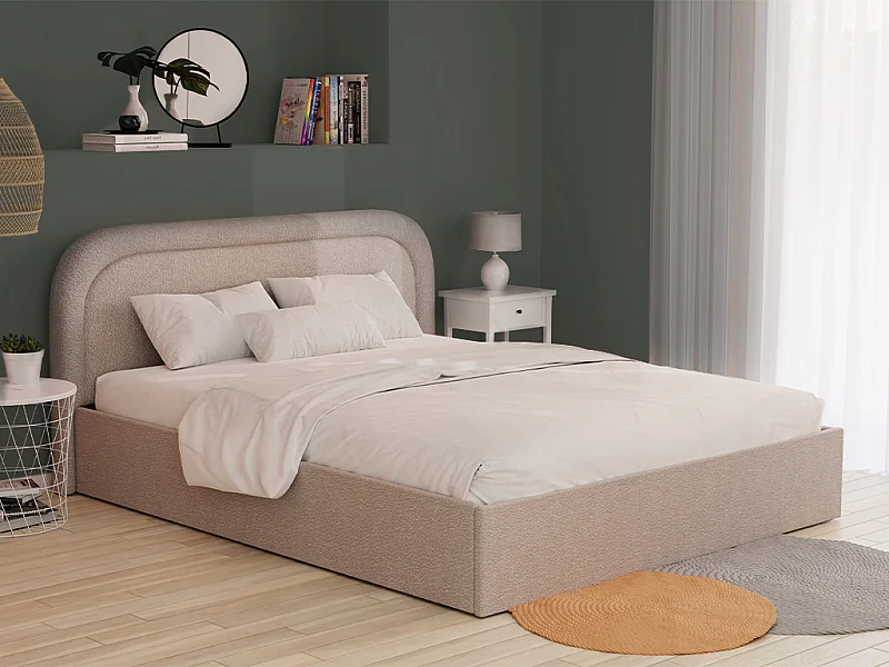 Lit coffre 180 x 200 cm - Tissu bouclette - Beige + Matelas- FIREZA