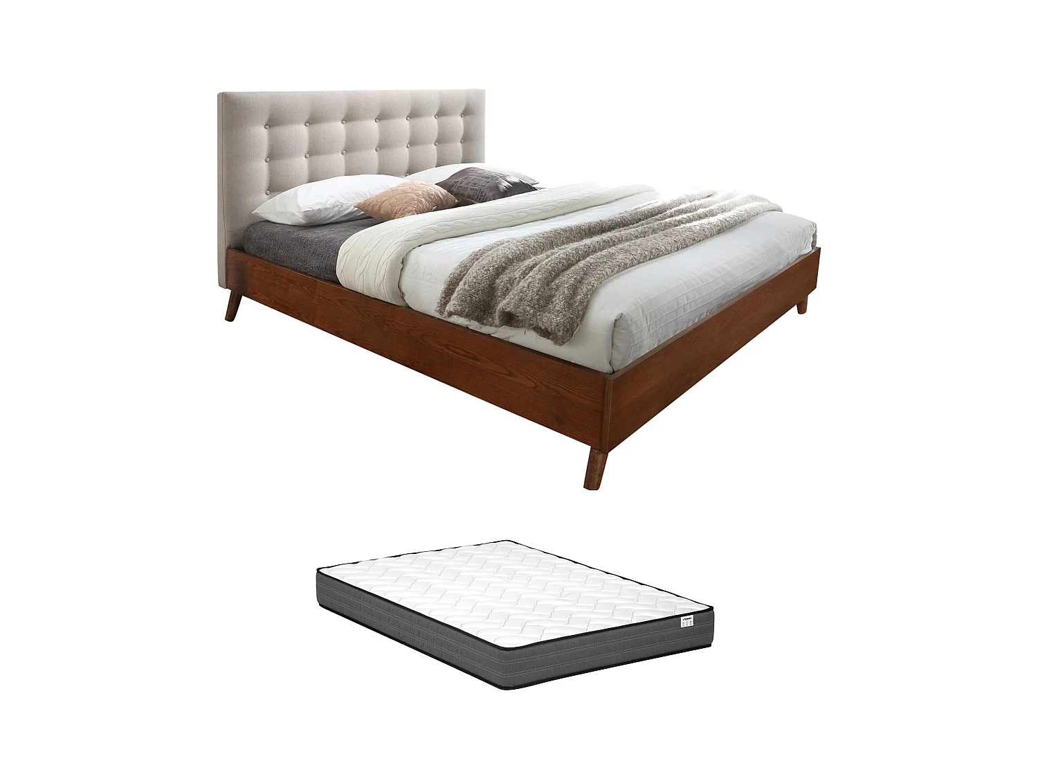 Cama 160 x 200 cm con cabecero capitoné - Tela - Beige + colchón - FRANCESCO