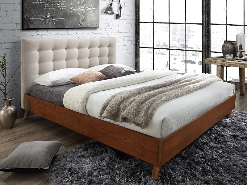 Bed 180 x 200 cm met hoofdbord met capitons - Stof - Beige + matras - FRANCESCO