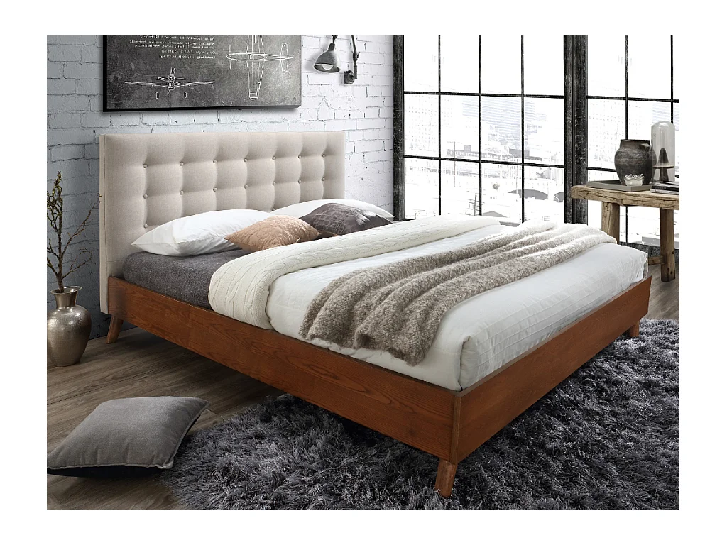 Bett 180 x 200 cm mit gestepptem Kopfteil + Matratze - Stoff - Beige - FRANCESCO