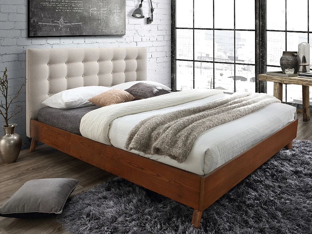 Lit 180 x 200 cm tête de lit capitonnée - Tissu - Beige + Matelas - FRANCESCO