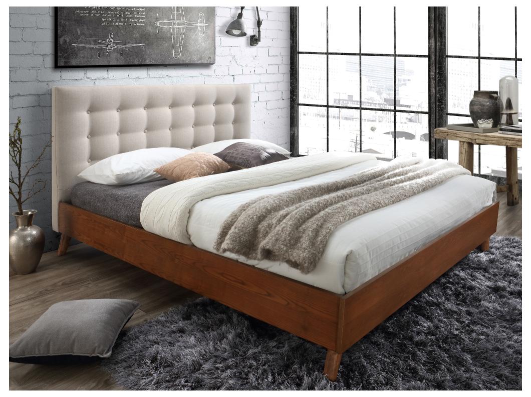 Lit 180 x 200 cm tête de lit capitonnée - Tissu - Beige + Matelas - FRANCESCO
