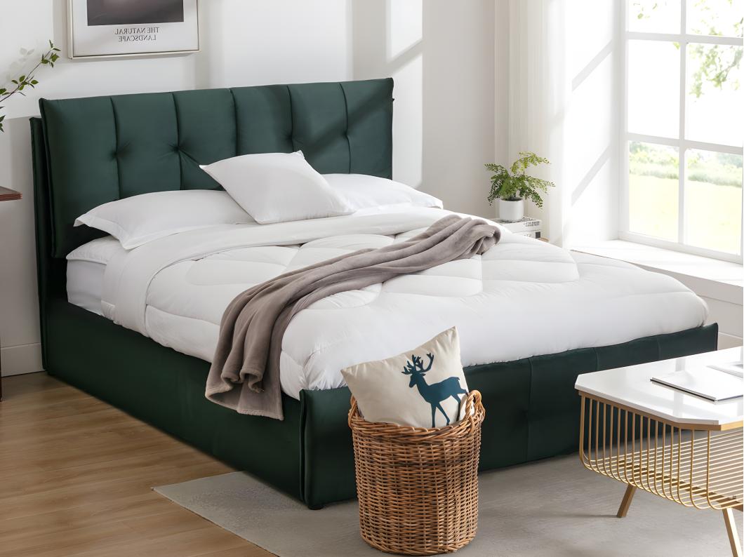 Lit coffre 160 x 200 cm - Velours - Vert + Matelas - OLERIA