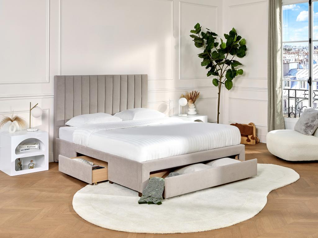 Bett mit 3 Schubladen + Matratze - 140 x 200 cm - Stoff - Beige - LIAKO günstig online kaufen
