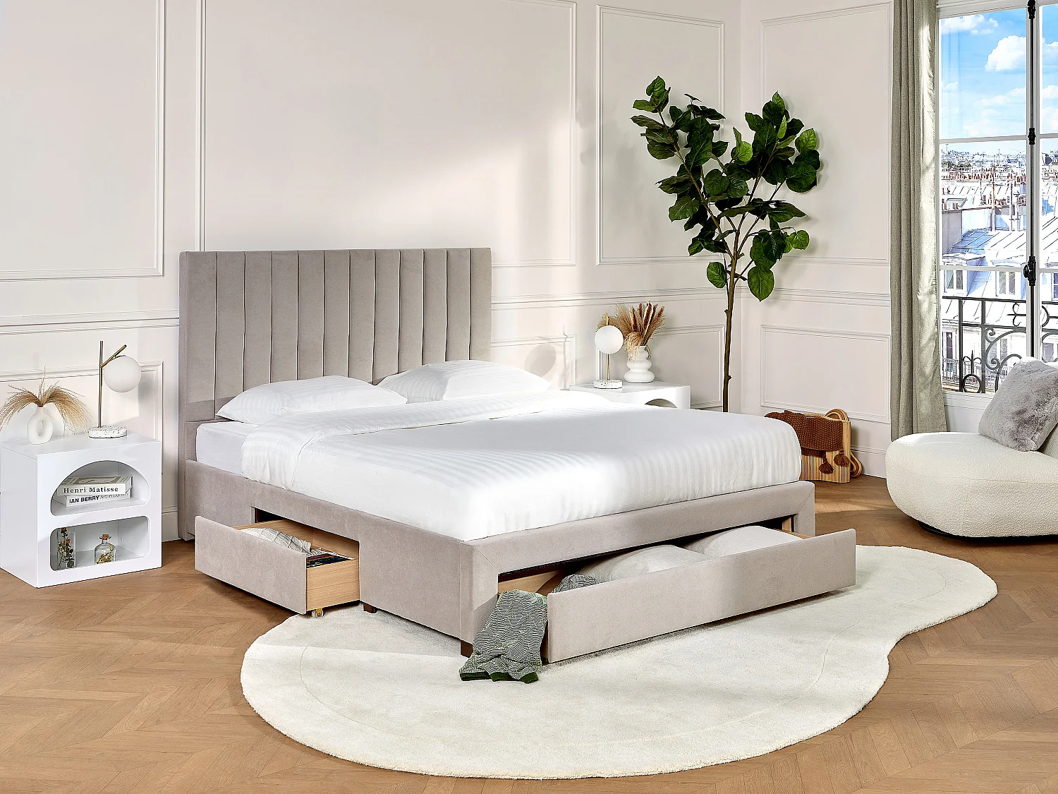Lit avec 3 tiroirs 140 x 200 cm - Tissu - Beige + Matelas - LIAKO