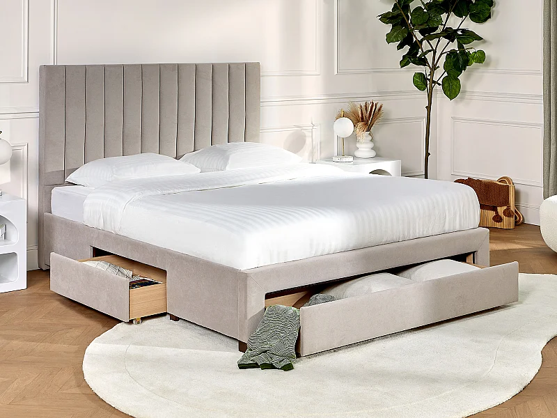 Lit avec 3 tiroirs 140 x 200 cm - Tissu - Beige + Matelas - LIAKO