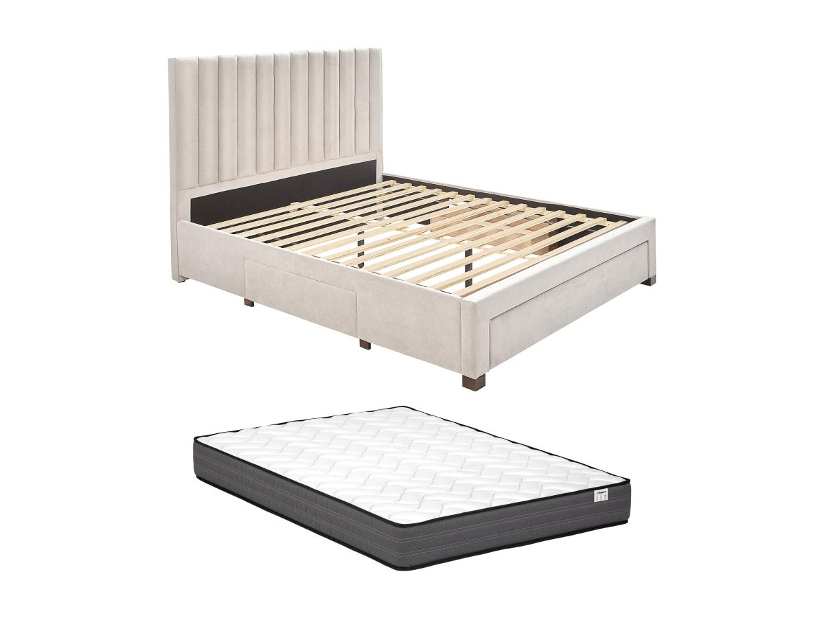 Bett mit 3 Schubladen + Matratze - 160 x 200 cm - Stoff - Beige - LIAKO günstig online kaufen