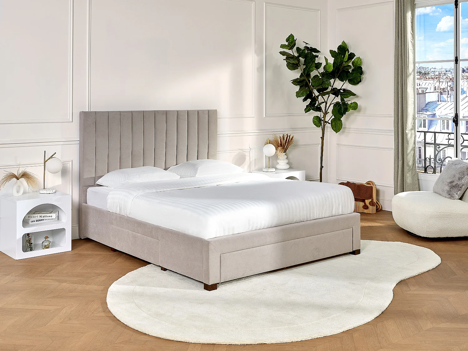 Lit avec 3 tiroirs 160 x 200 cm - Tissu - Beige + Matelas - LIAKO
