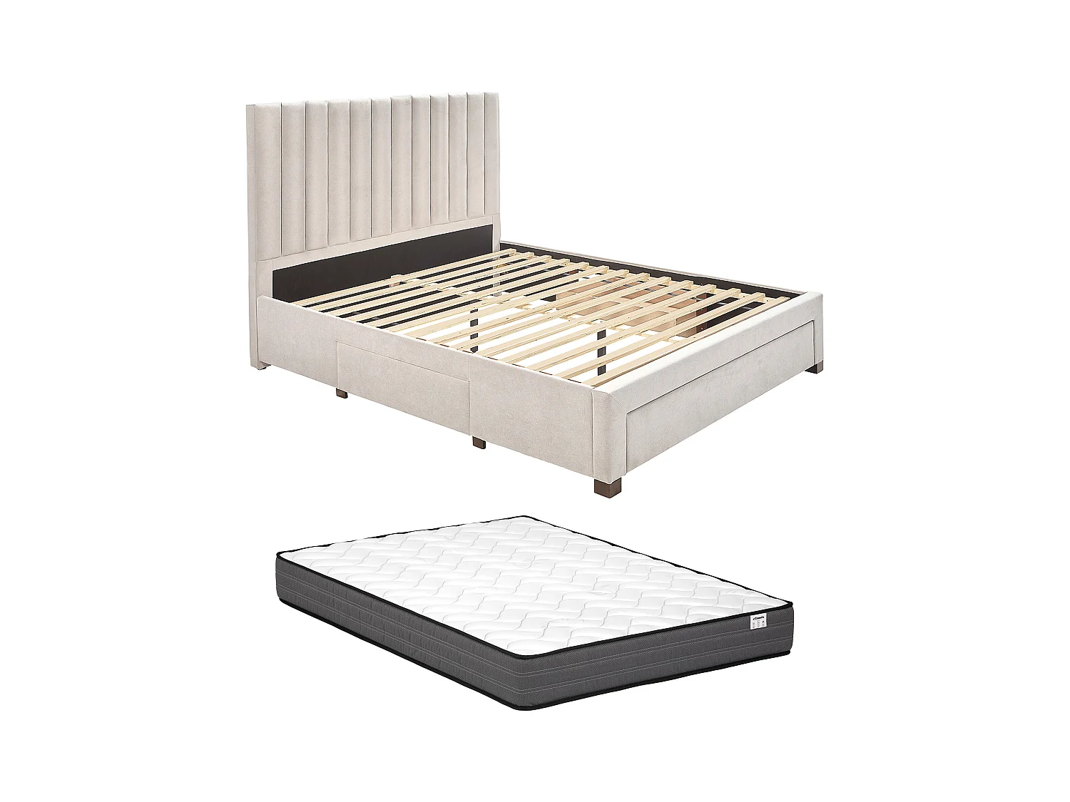 Letto con 3 cassetti 160 x 200 cm Tessuto Beige + Materasso - LIAKO