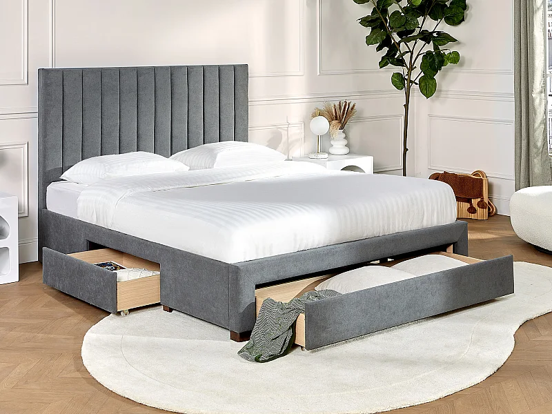 Łóżko z 3 szufladami 160 × 200 cm – Tapicerowane – Szary + Materac – LIAKO