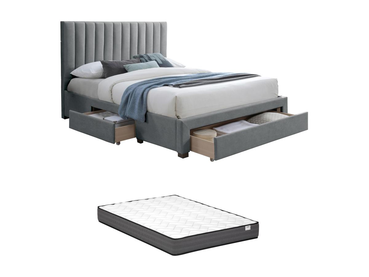 Bett mit 3 Schubladen 160 x 200 cm - Stoff - Grau + Matratze - LIAKO günstig online kaufen
