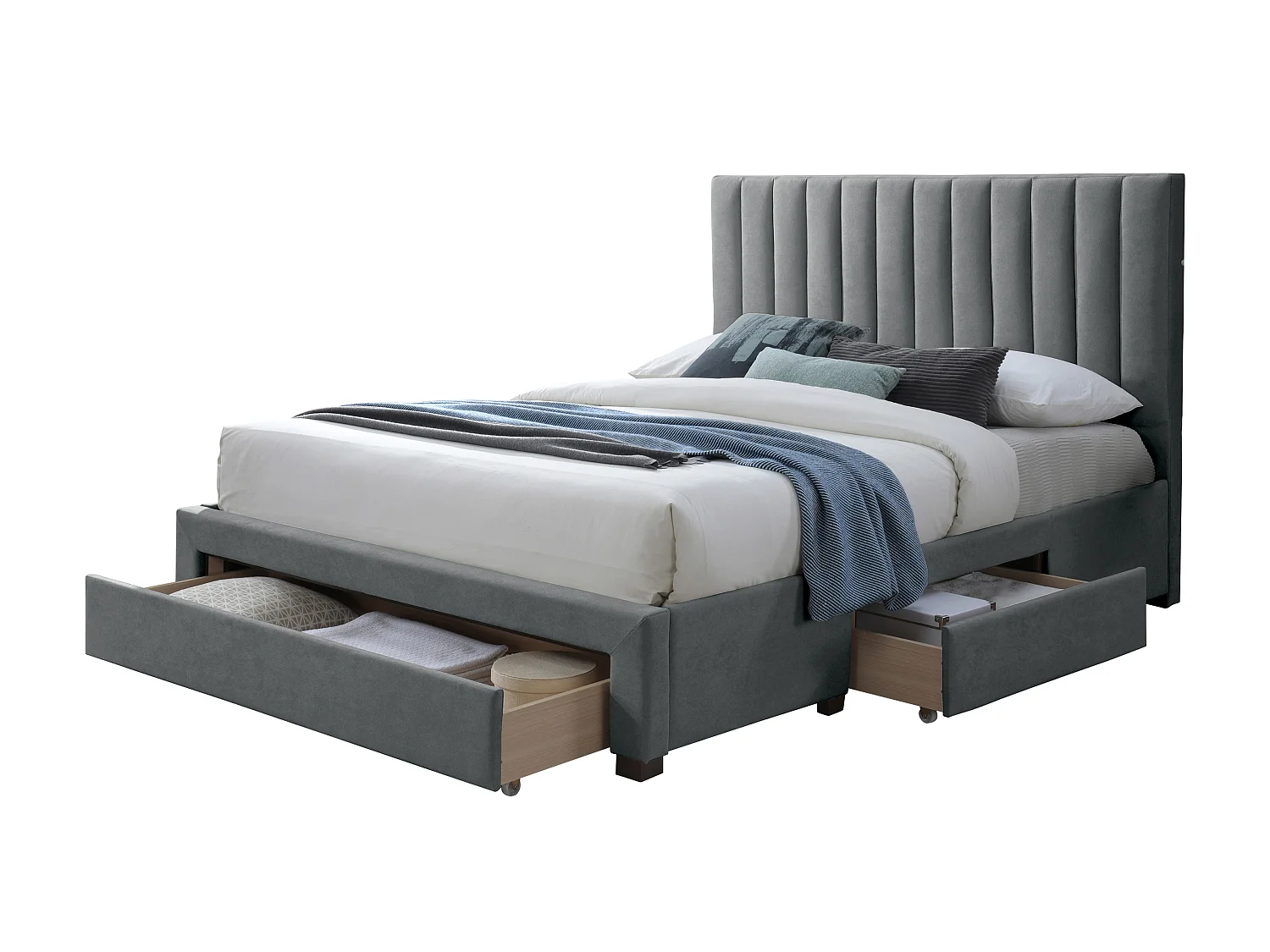 Cama com 3 gavetas 160 x 200 cm tecido cinza + Colchão - LIAKO