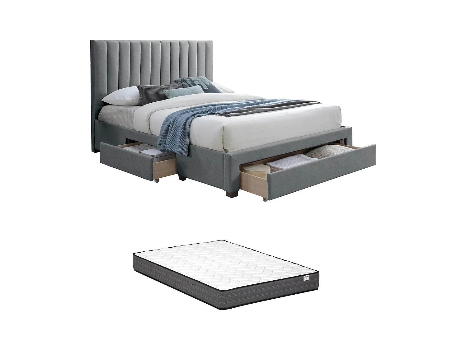 Cama com 3 gavetas 160 x 200 cm tecido cinza + Colchão - LIAKO