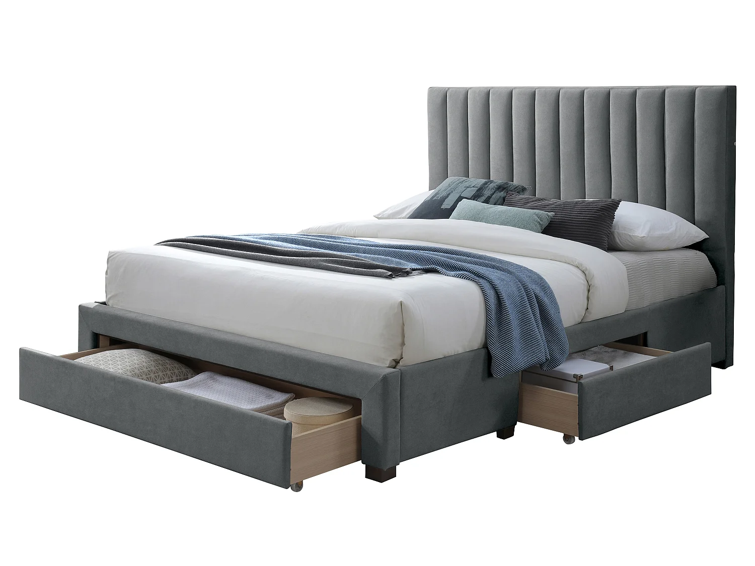 Lit avec 3 tiroirs 160 x 200 cm - Tissu - Gris + Matelas - LIAKO