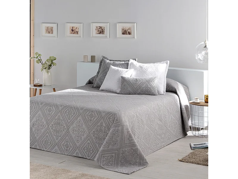 Colcha gris 230x270 cm BRIANCE de algodón suave - Diseño elegante - Fabricado en España