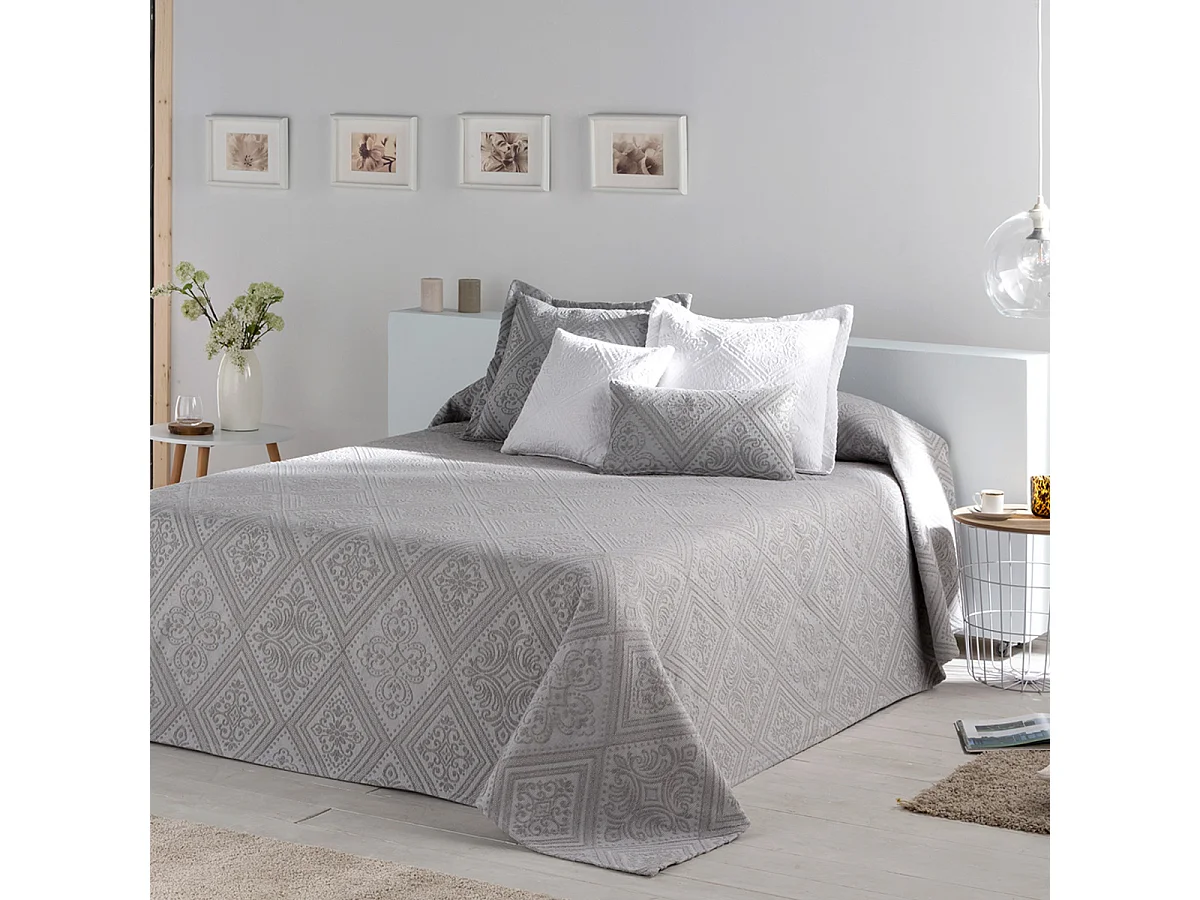Colcha gris 230x270 cm BRIANCE de algodón suave - Diseño elegante - Fabricado en España
