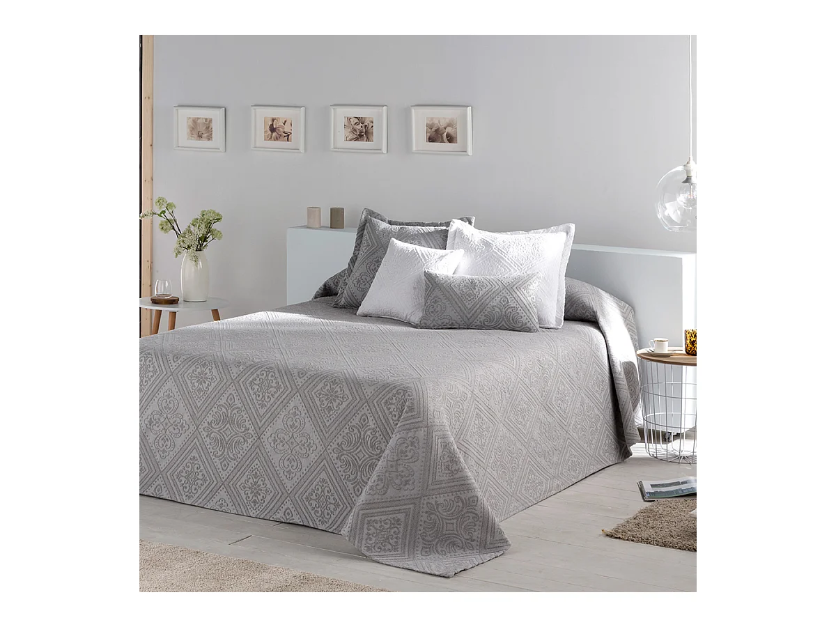 Colcha gris 230x270 cm BRIANCE de algodón suave - Diseño elegante - Fabricado en España