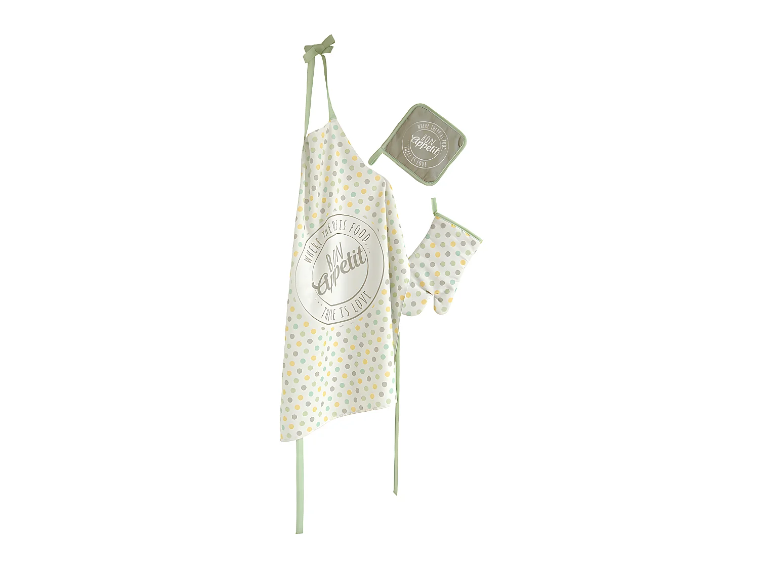 Set delantal, agarrador y manopla blanco BON APPETIT