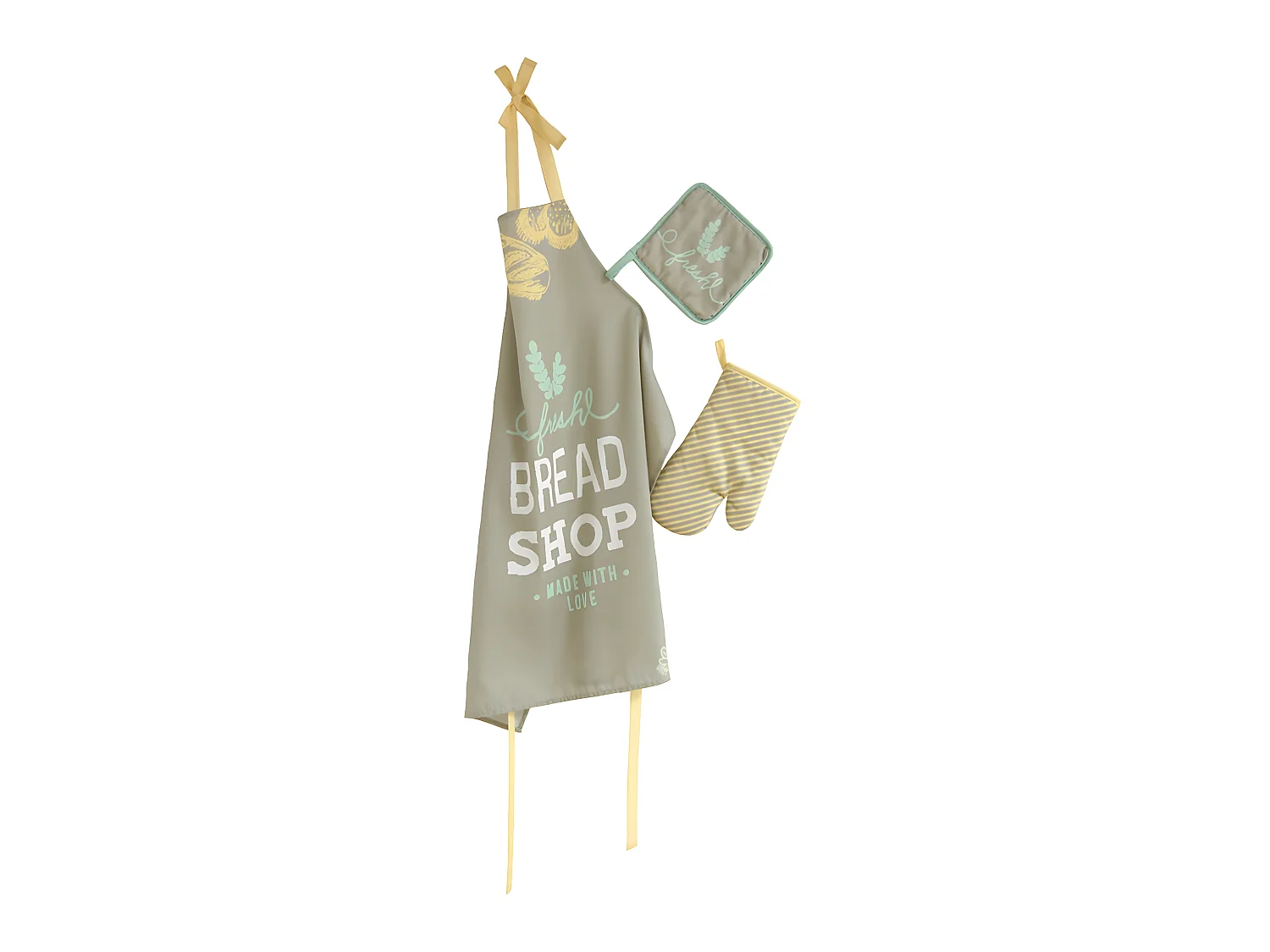 Set delantal, agarrador y manopla blanco BREAD