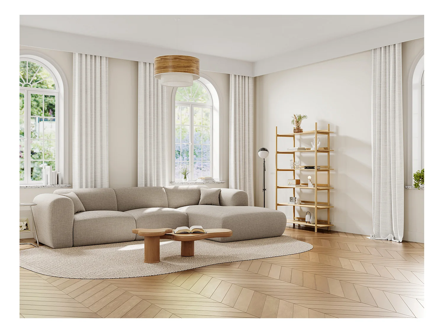 Sofá de canto direito grande em tecido matizado bege - POGNI da Maison Céphy